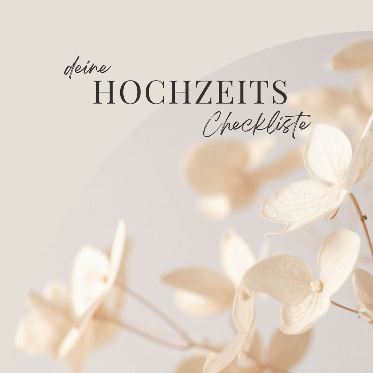 Deine Hochzeitscheckliste von Fräulein Maya: Beige Hintergrund mit blassen, getrockneten Hortensien in sanftem Fokus. Minimalistischer, romantischer Stil mit eleganter deutscher Schrift.
