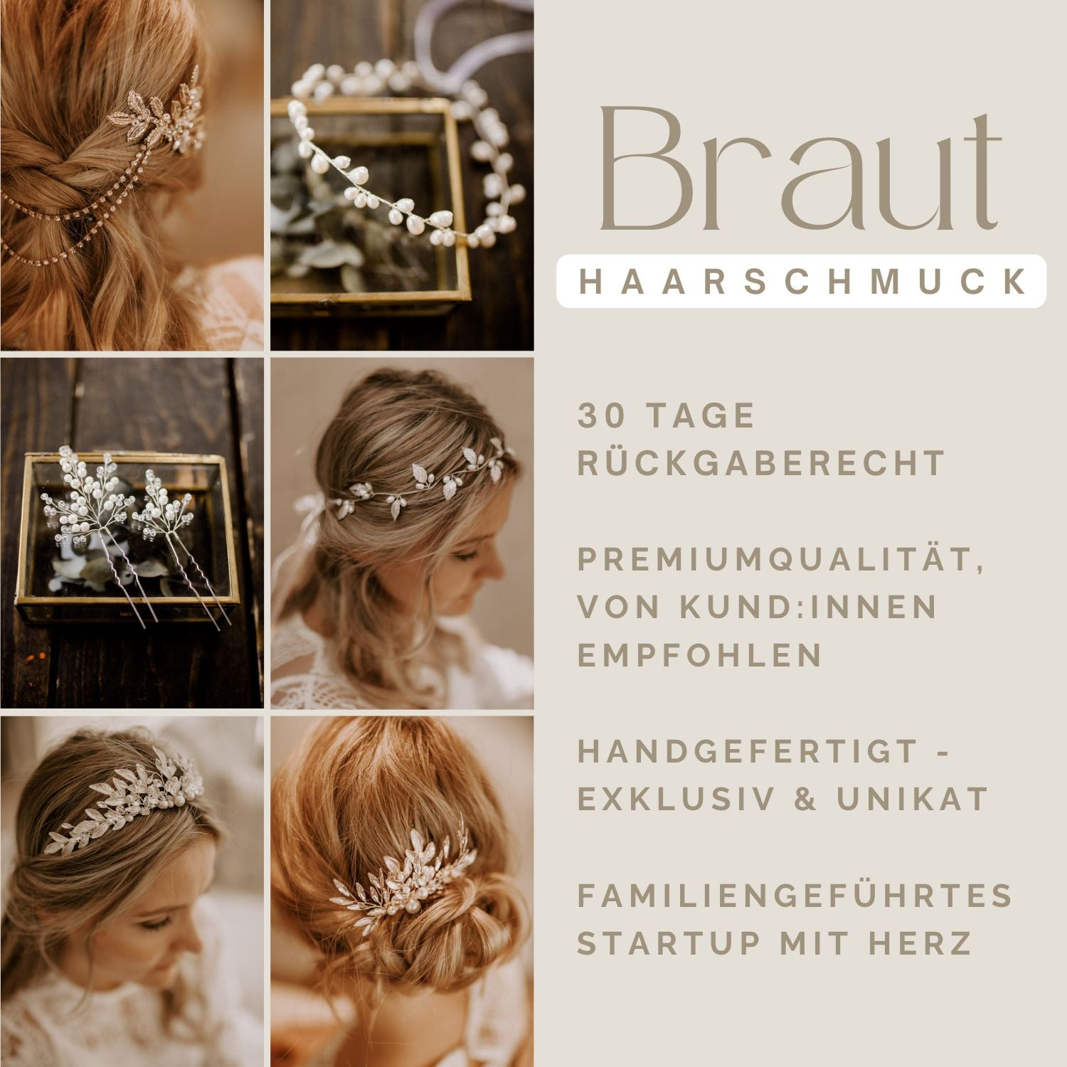 Collage von Fräulein Maya's Haarnadeln mit goldenen Blüten (3 Stück) in den Haaren der Models und in Geschenkboxen. Beigefarbener Hintergrund, deutscher Text hebt handgefertigten Premium-Haarschmuck für Bräute von einem familiengeführten Start-up mit 30-tägigem Rückgaberecht hervor.