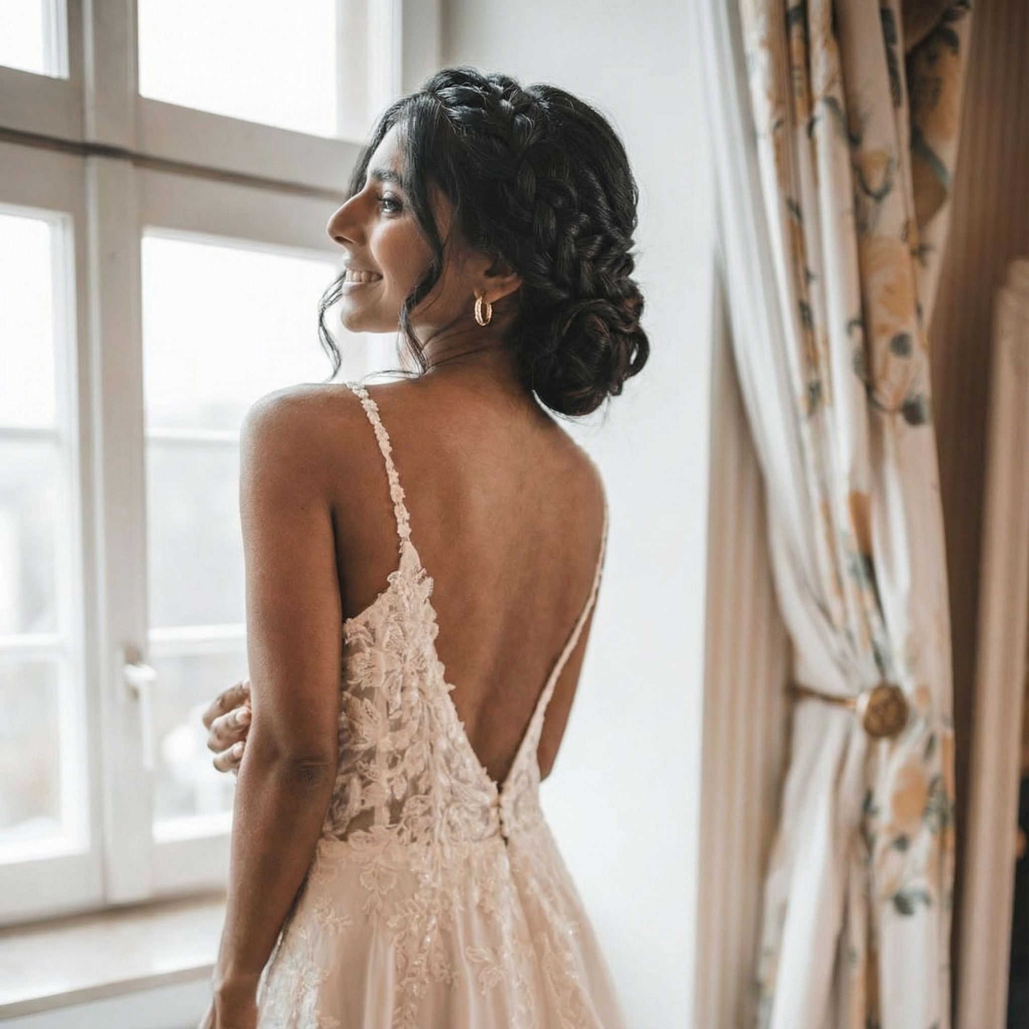 Eine Frau in einem weißen, spitzenbesetzten Hochzeitskleid mit tiefem Rückenausschnitt steht an einem Fenster und lächelt über ihre Schulter. Ihr dunkles Haar ist zu einer lockeren, geflochtenen Hochsteckfrisur frisiert, und sie trägt zarte Reifohrringe. Helle Vorhänge mit floralem Muster rahmen das Fenster neben ihr ein.