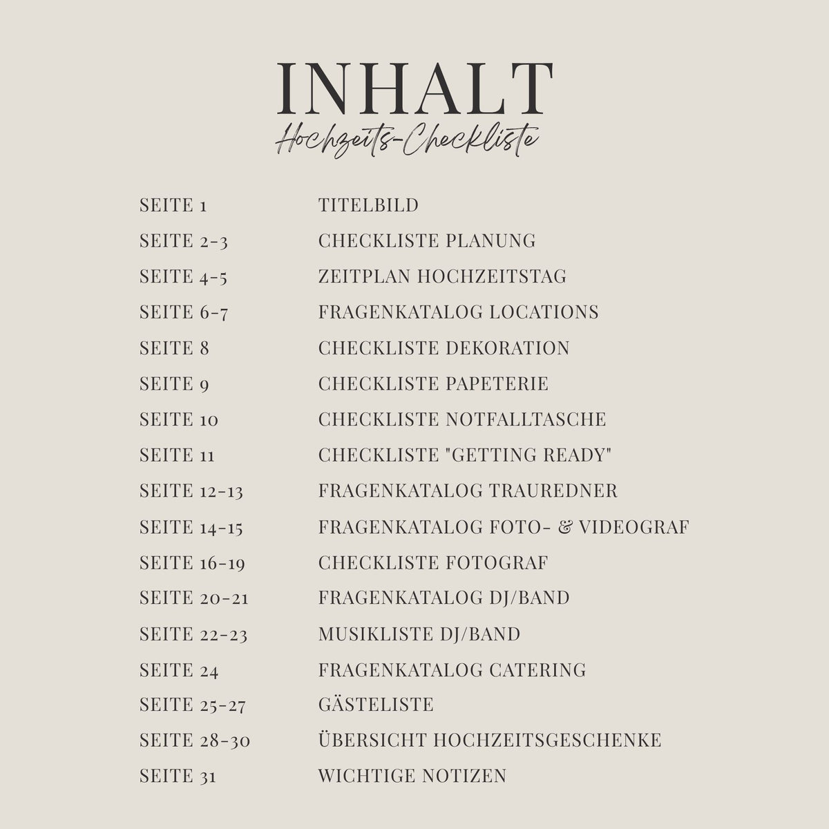 Die beige-schwarze "Deine Hochzeitscheckliste" von Fräulein Maya enthält ein deutsches Inhaltsverzeichnis mit Abschnitten und Seitenzahlen für Planung, Zeitplan, Locations, Dekoration, Notfälle, Musik, Catering, Gäste und mehr.