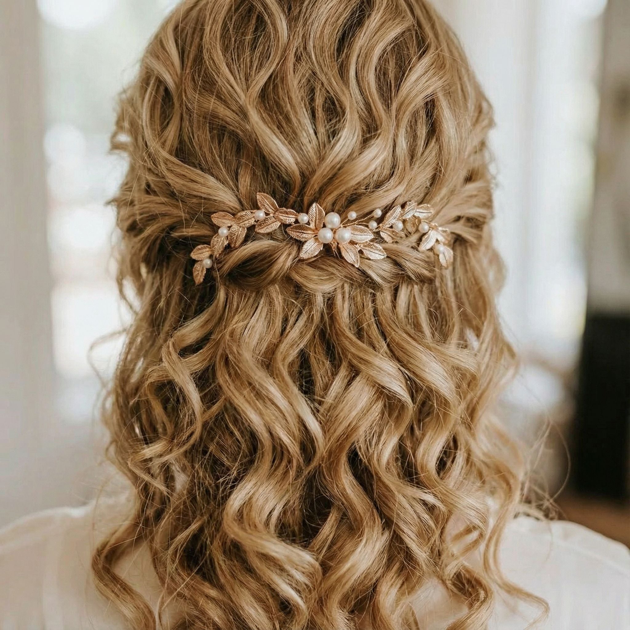 Eine Frau mit langem, blondem, gewelltem Haar, das halb hochgesteckt und halb heruntergelassen ist. Ihr Haar ist mit einem verschnörkelten Haarteil mit goldenen Blättern und weißen Perlen geschmückt, das ihrer sanft gelockten Frisur einen eleganten Touch verleiht. Der Hintergrund ist sanft verschwommen.