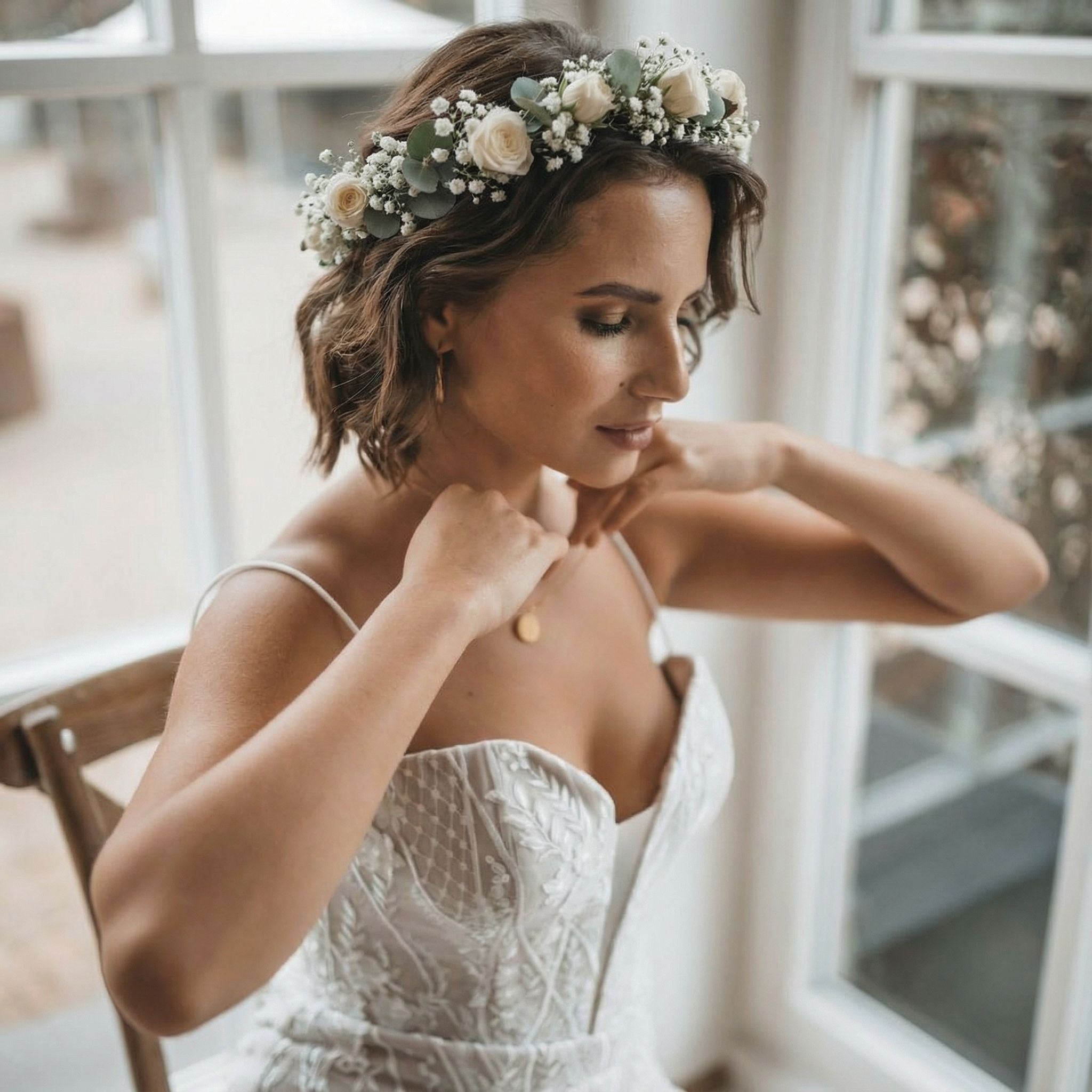 Eine Braut in einem weißen, strukturierten trägerlosen Kleid sitzt an einem Fenster und rückt eine Halskette zurecht. Sie hat kurzes braunes Haar und trägt eine Blumenkrone mit weißen Rosen und Grünzeug. Das Licht fällt durch das Fenster und schafft eine weiche, elegante Atmosphäre.