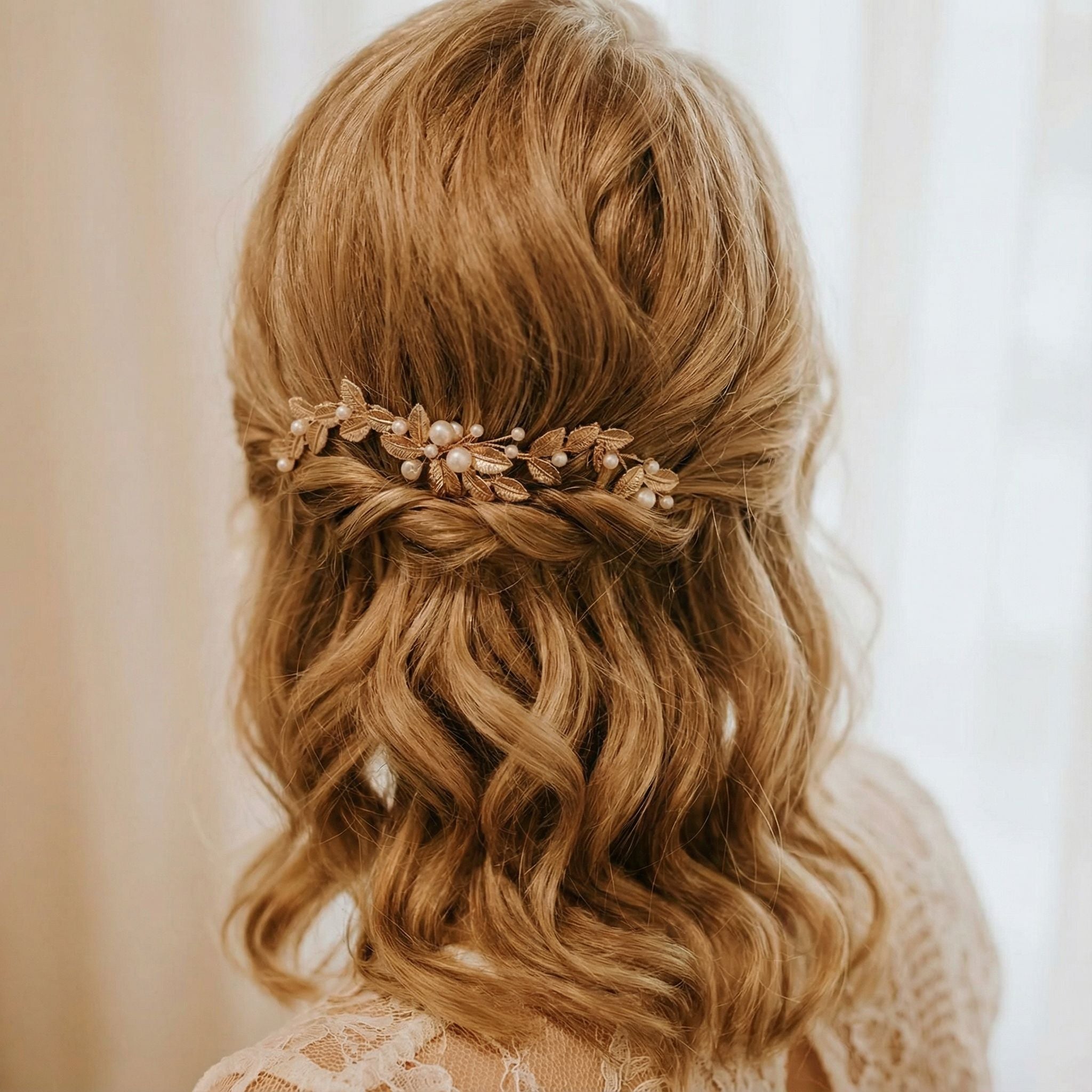 Eine Frau mit gewelltem, schulterlangem blondem Haar ist von hinten zu sehen. Ihr Haar ist halb hochgesteckt, mit lockeren Locken und einem Zopf gestylt und mit einem zarten goldenen Haarschmuck mit Blättern und Perlen verziert. Sie trägt ein Spitzengewand. Der Hintergrund ist sanft verschwommen.