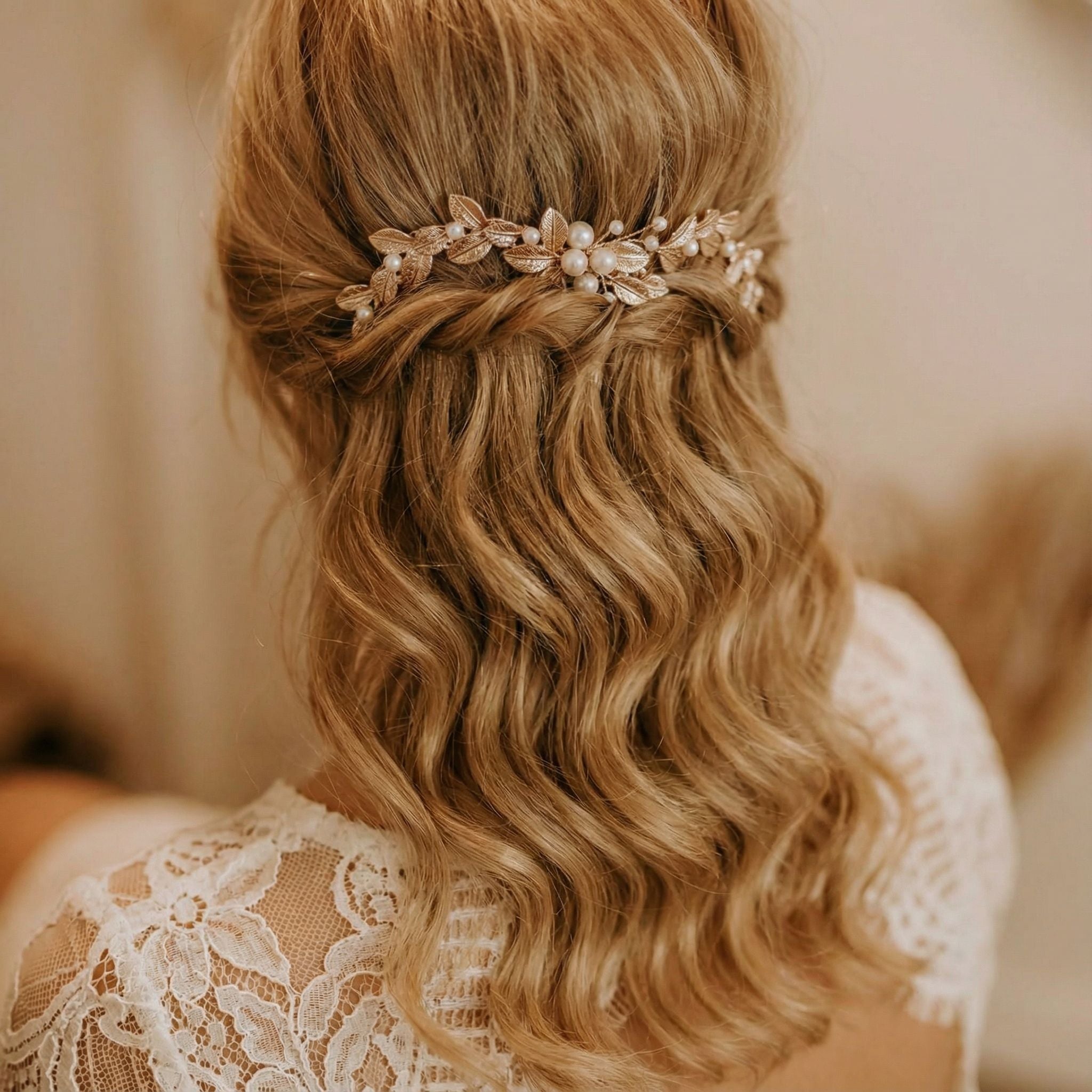 Eine Frau mit gewelltem, blondem Haar, das halb hochgesteckt und mit einem zarten, floralen Haarschmuck aus Perlen und Kristallen geschmückt ist. Sie trägt ein weißes Spitzenkleid, und der Hintergrund ist sanft verschwommen, was eine romantische, elegante Atmosphäre schafft.