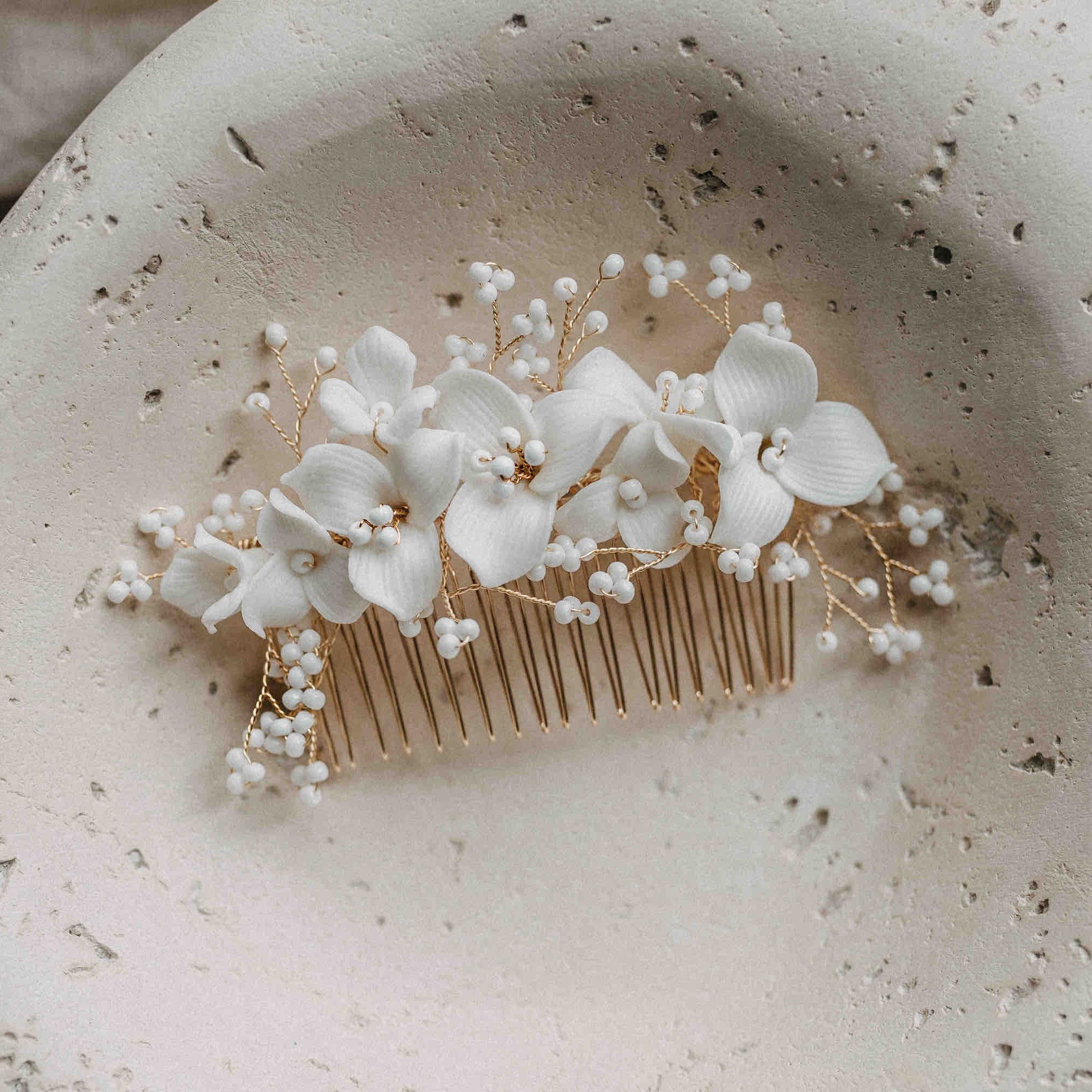 Keramik Haarkamm mit Blumen und Perlen