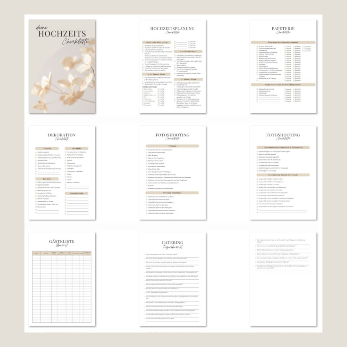 Deine Hochzeitscheckliste von Fräulein Maya ist ein 9-seitiger deutscher Hochzeitsplaner im Raster-Layout mit beigen Akzenten, floralen Grafiken und minimalistischem Design mit organisierten Listen für Planung, Papeterie, Dekoration, Fotos, Gäste und Catering.