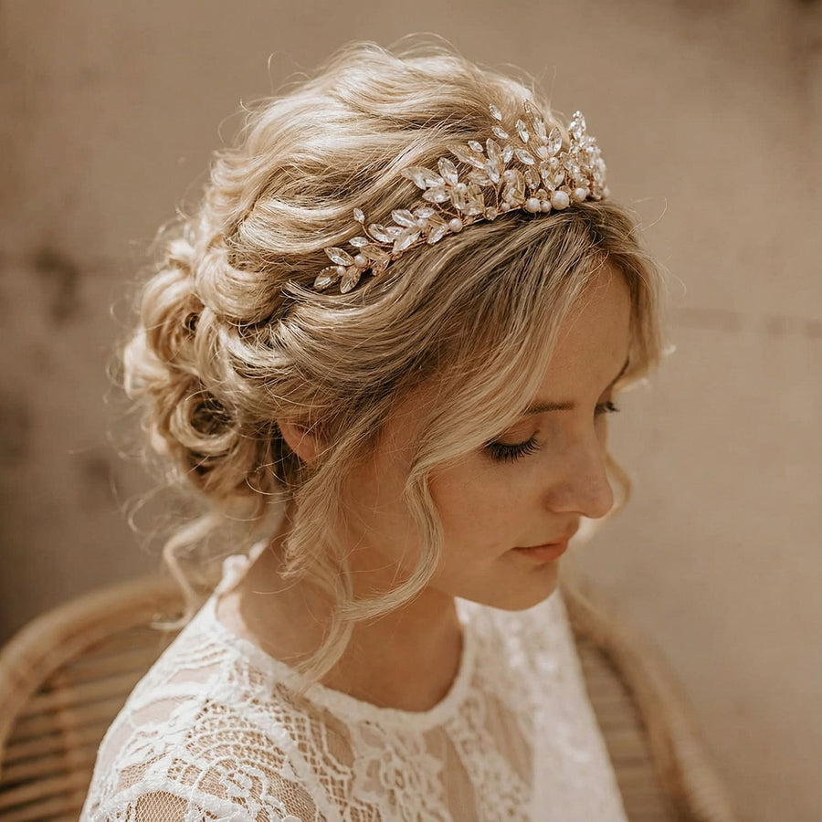 Eine Frau mit blondem, gewelltem Haar, das zu einer lockeren Hochsteckfrisur gestylt ist, trägt ein funkelndes, mit Juwelen besetztes Diadem. Sie ist mit einem weißen Spitzenoberteil bekleidet und sitzt auf einem Korbstuhl, wobei sie mit einem gelassenen Ausdruck vor einem sanft verschwommenen, neutralen Hintergrund nach unten schaut.