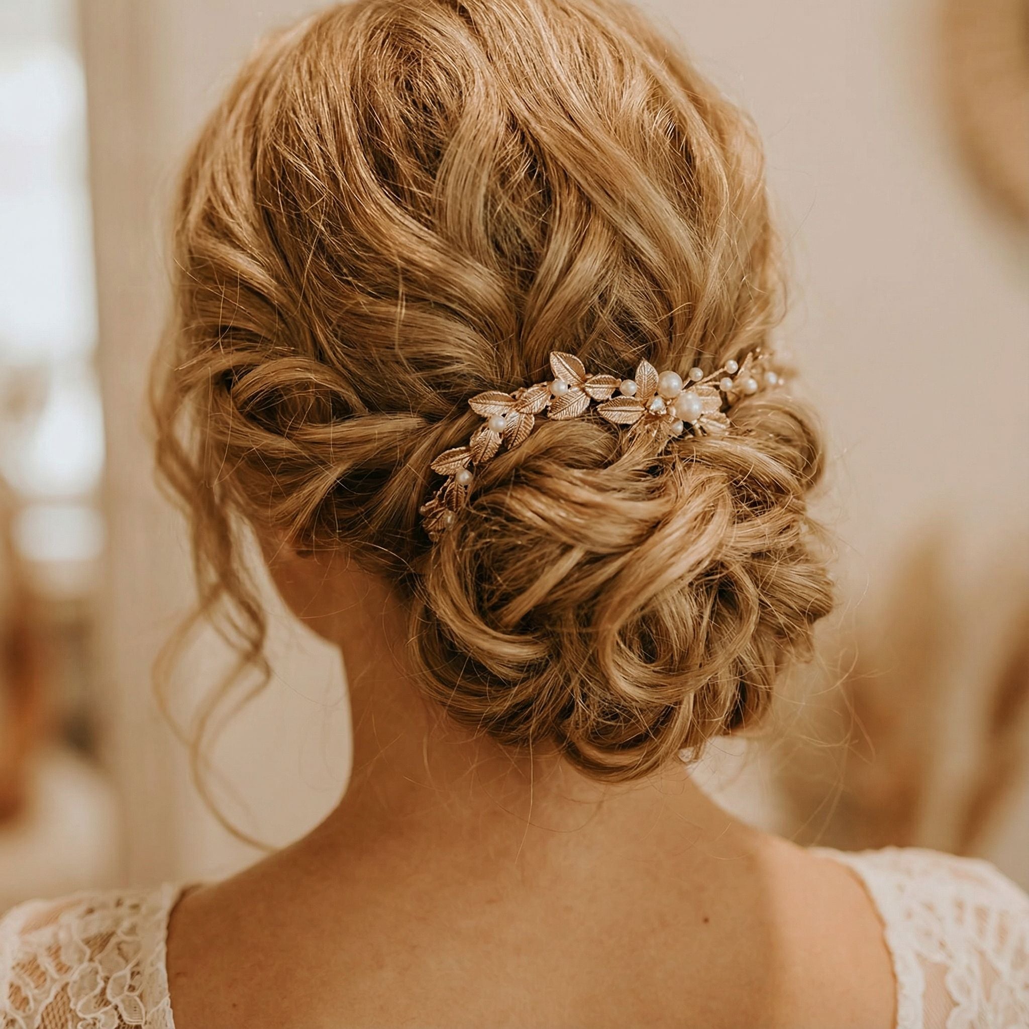 Eine Frau mit blondem, gewelltem Haar, gestylt zu einer niedrigen, lockeren Hochsteckfrisur, geschmückt mit einem zarten goldenen Blumenhaarteil und Perlenakzenten. Sie trägt ein weißes Spitzenkleid, und der Hintergrund ist sanft verschwommen. Das Bild ist von hinten gesehen.