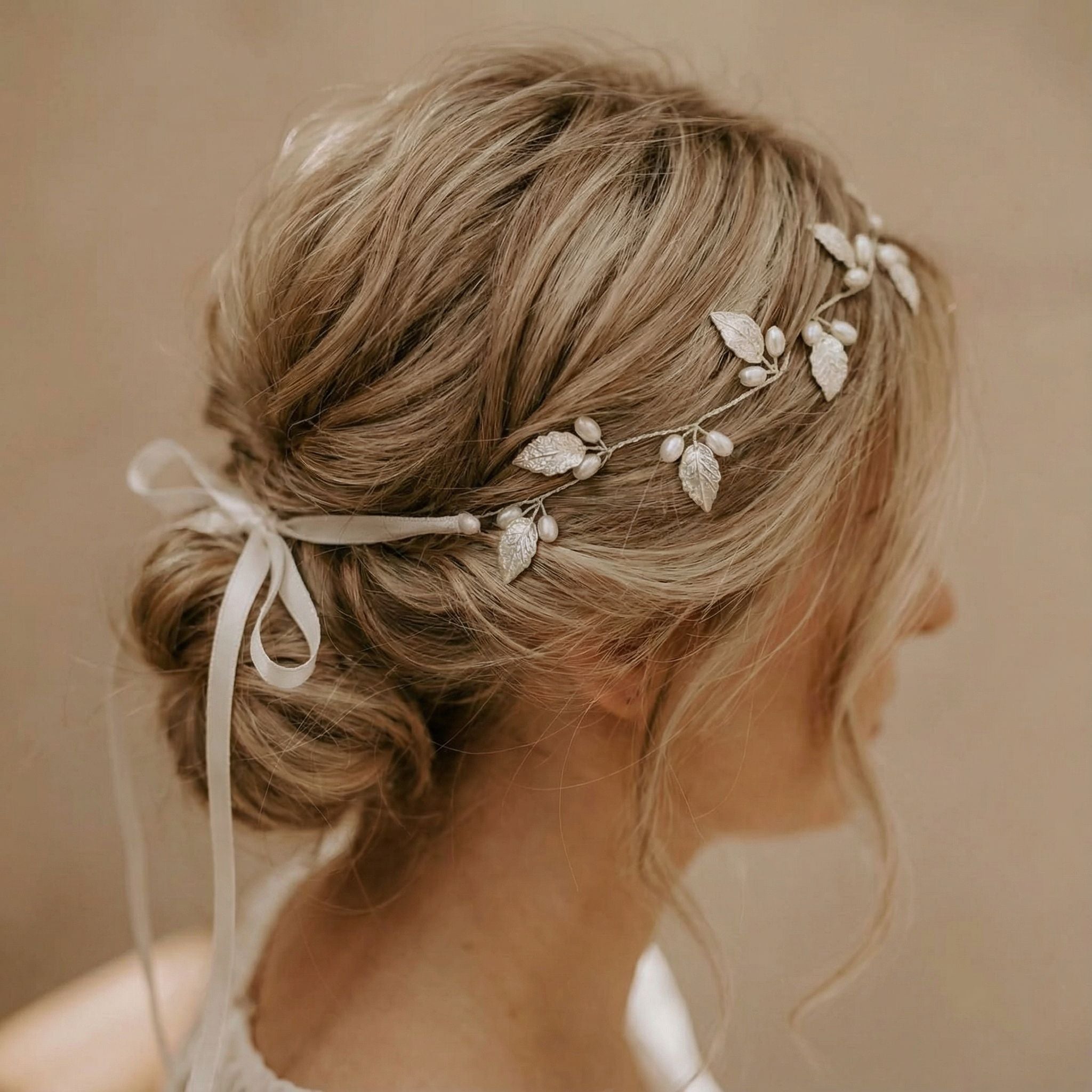 Eine Frau mit blondem Haar, das zu einem lockeren, niedrigen Dutt gestylt ist, trägt eine zarte Haarranke mit silbernen Blättern und kleinen Perlen, die hinten mit einem weißen Band zusammengebunden ist. Das Bild ist sanft beleuchtet und zeigt sie von der Seite vor einem neutralen Hintergrund.