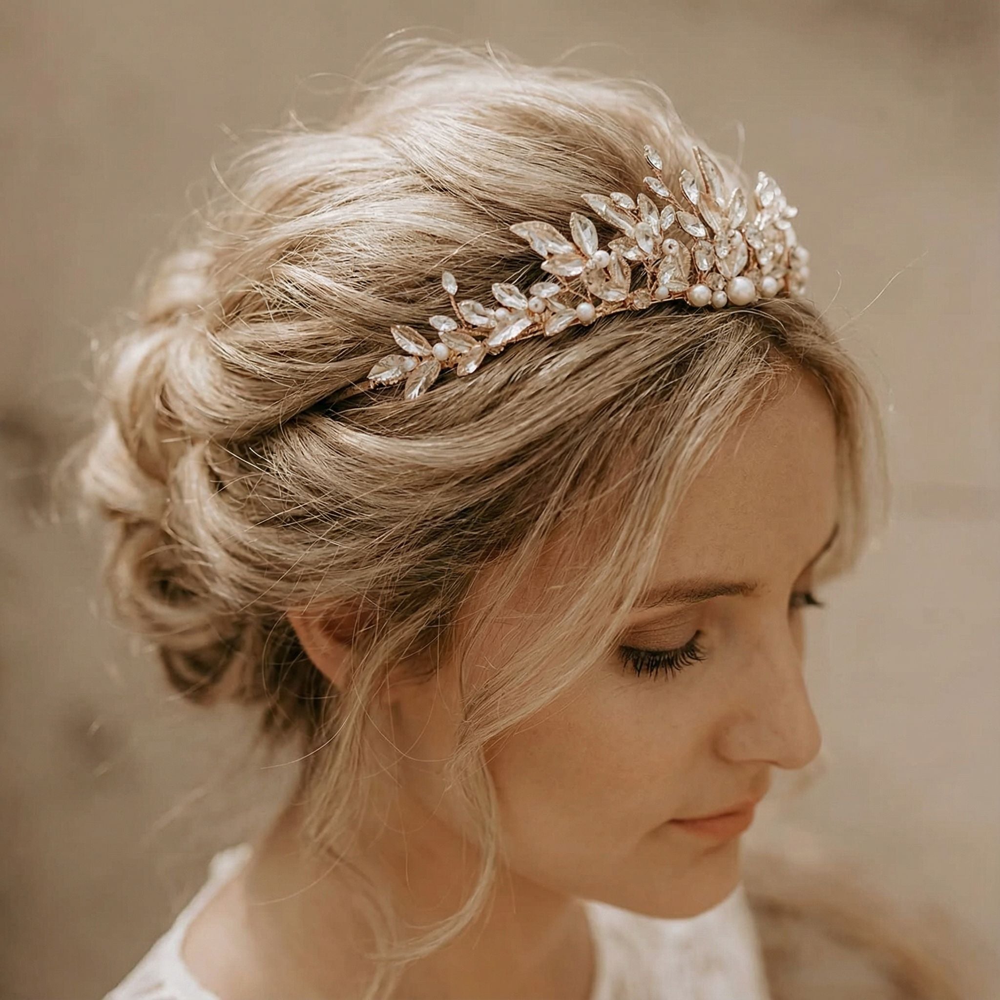 Eine Frau mit blondem Haar, das zu einer lockeren, eleganten Hochsteckfrisur gestylt ist, trägt ein dekoratives goldenes Stirnband, das mit Perlen und Kristallblättern verziert ist. Sie blickt mit sanftem Make-up leicht nach unten, und der Hintergrund ist sanft unscharf, um ihre Frisur und ihr Accessoire zu betonen.