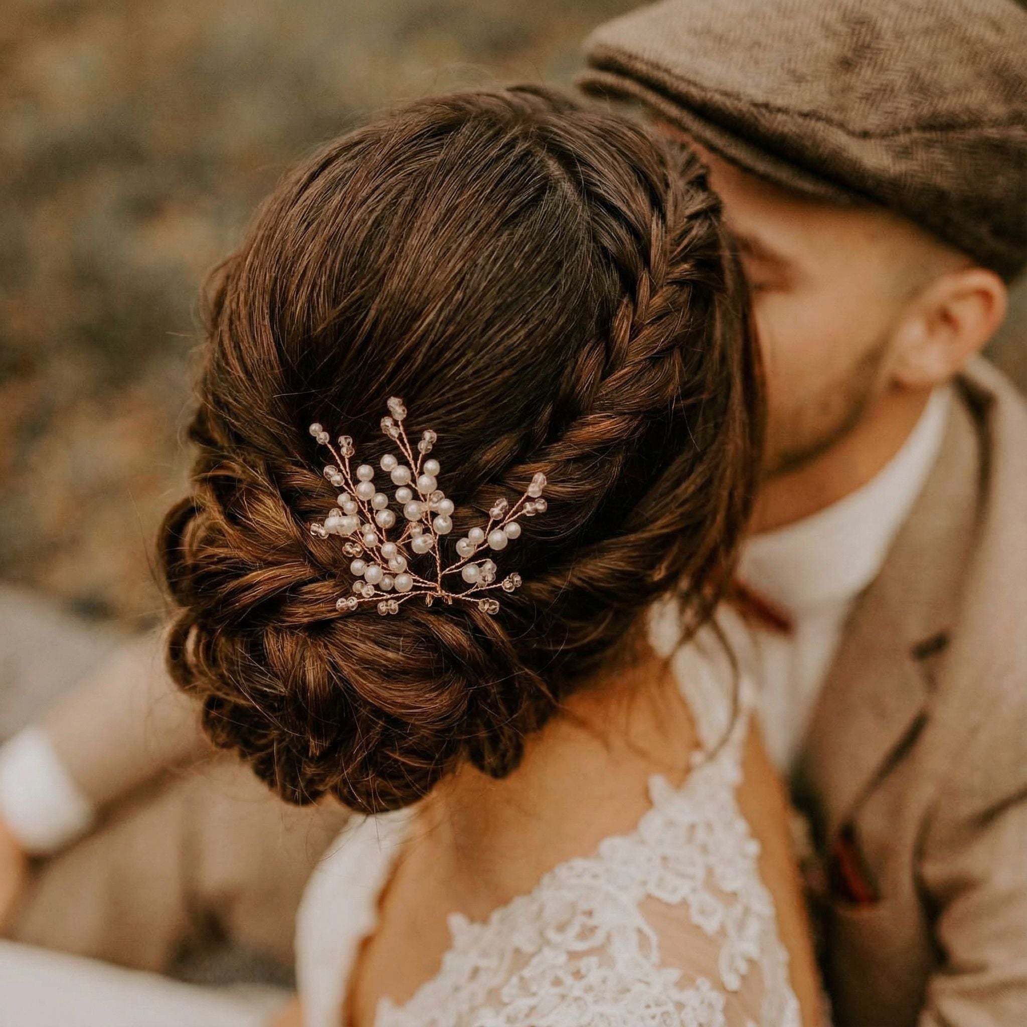 Eine Frau mit braunem Haar, das zu einem geflochtenen Dutt frisiert und mit einem Haarschmuck aus Perlen und Kristallen verziert ist, sitzt neben einem Mann in einem braunen Anzug mit Zeitungsmütze. Sie trägt ein schulterfreies Spitzenkleid. Die Szene ist warm und romantisch und findet im Freien statt.