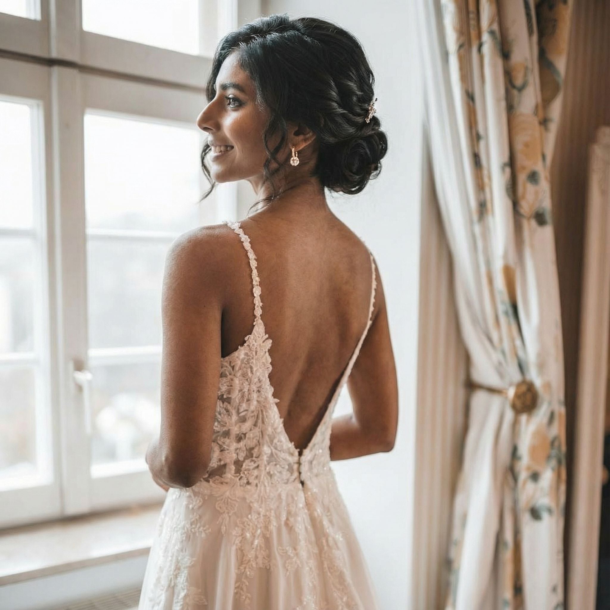 Eine Frau mit dunklem Haar in einem eleganten tiefen Dutt steht an einem hellen Fenster und lächelt sanft. Sie trägt ein weißes Spitzenhochzeitskleid mit dünnen Trägern und einem tiefen V-Ausschnitt. Cremefarbene Vorhänge mit Blumenmustern rahmen das Fenster neben ihr ein.