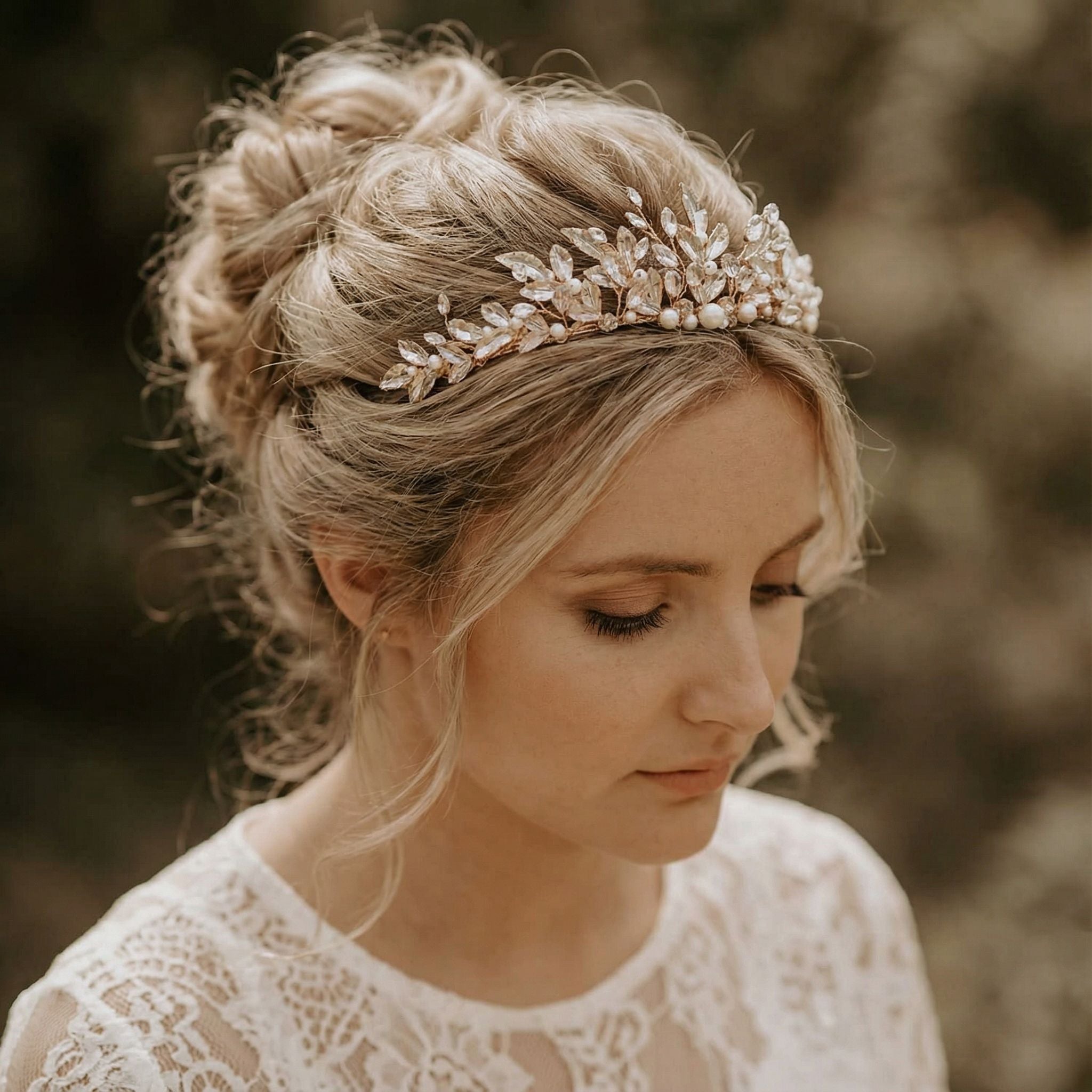 Eine Frau mit blondem Haar, das zu einer eleganten Hochsteckfrisur frisiert ist, trägt ein zartes, blattgemustertes Stirnband aus Perlen und Kristallen. Sie ist mit einem weißen Spitzenoberteil bekleidet und blickt mit einem sanften, heiteren Ausdruck nachdenklich nach unten. Der Hintergrund ist weich und unscharf.