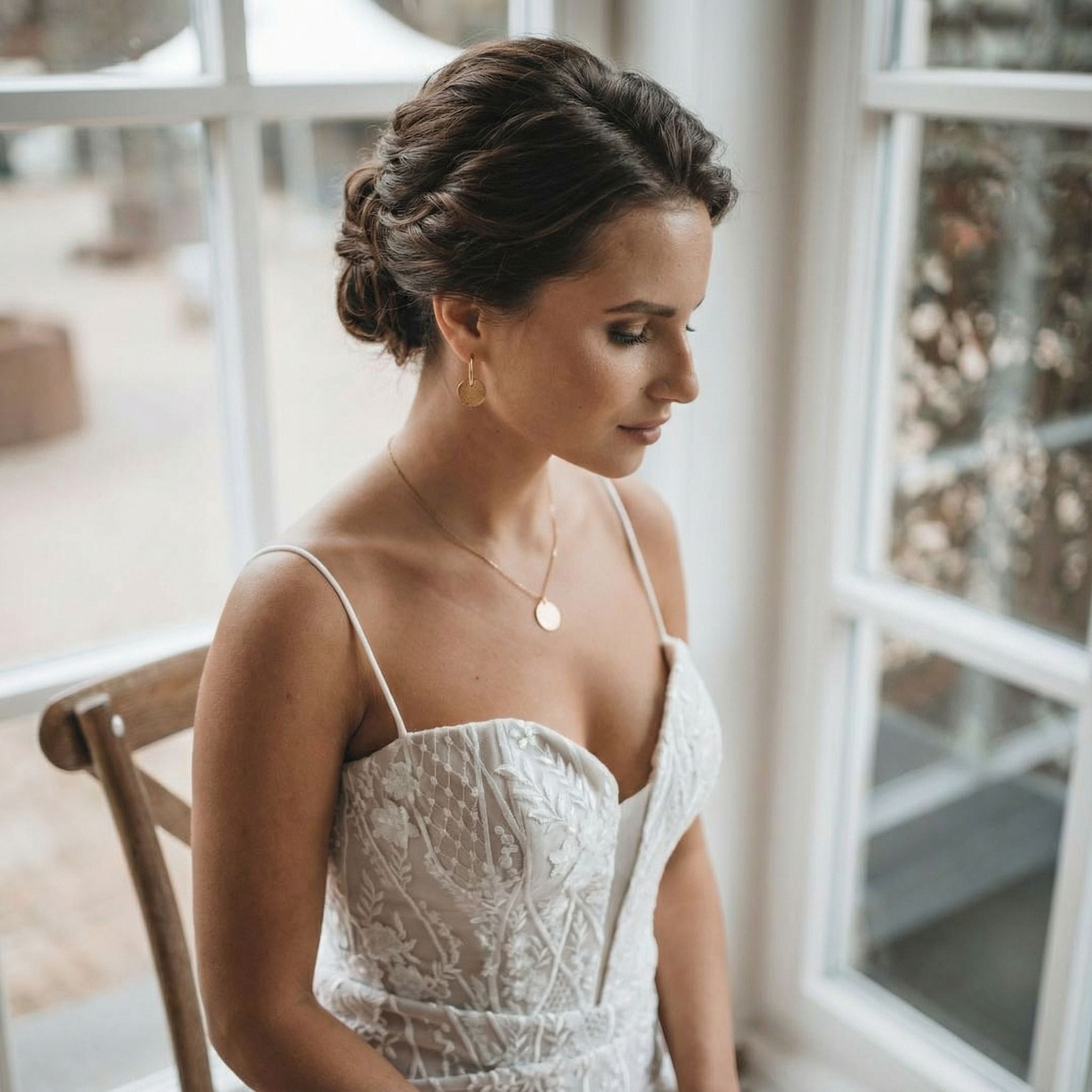 Eine Frau mit braunem Haar in einer eleganten Hochsteckfrisur sitzt auf einem Holzstuhl am Fenster und trägt ein weißes Spitzenhochzeitskleid mit dünnen Trägern. Sie trägt goldene Tropfenohrringe und eine goldene Halskette und blickt bei natürlichem Licht mit heiterem Ausdruck nach unten.
