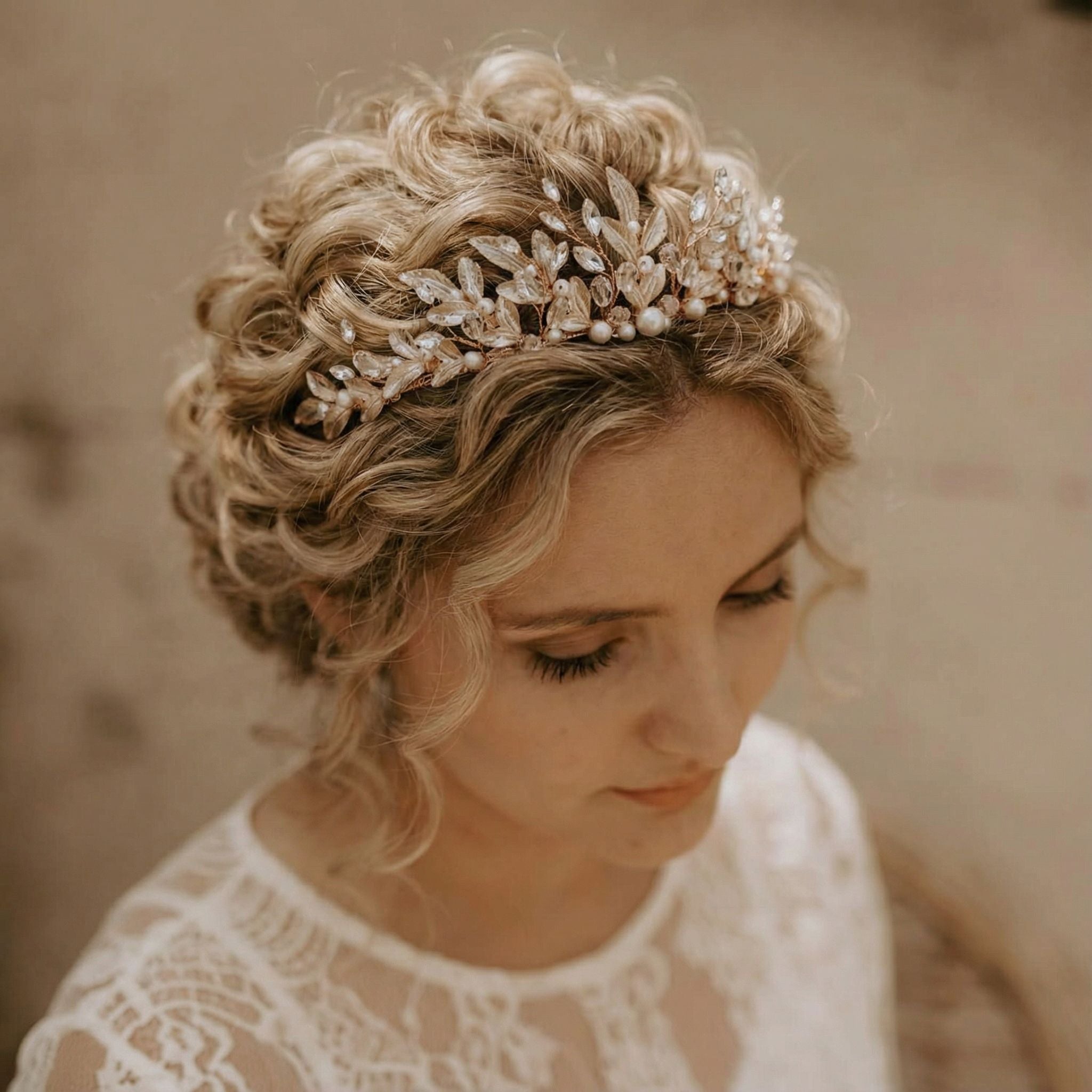 Eine Frau mit gelocktem blondem Haar, das zu einer Hochsteckfrisur gestylt ist, trägt ein zartes Diadem aus Perlen und Kristallen. Sie blickt nach unten und zeigt sanftes Make-up und lange Wimpern. Sie trägt ein weißes Spitzenoberteil, und der Hintergrund ist sanft verschwommen.