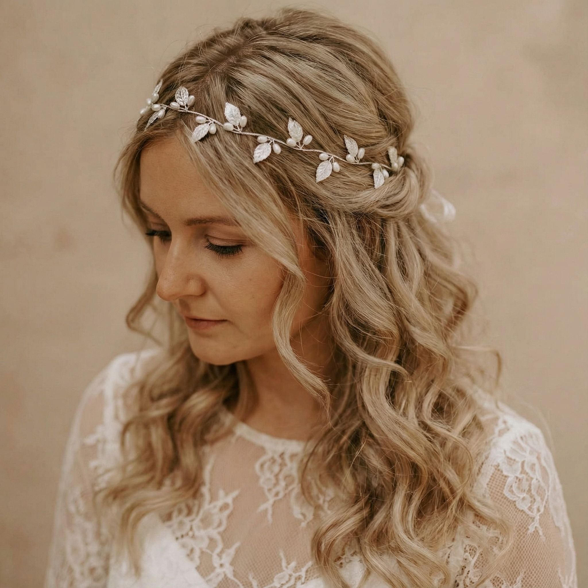Eine Frau mit gewelltem blondem Haar, das locker frisiert und mit einem zarten blattförmigen Stirnband geschmückt ist, blickt nach unten. Sie trägt ein elfenbeinfarbenes Spitzenkleid mit floralen Mustern. Der Hintergrund ist in einem weichen Beigeton gehalten, der eine warme und sanfte Atmosphäre schafft.