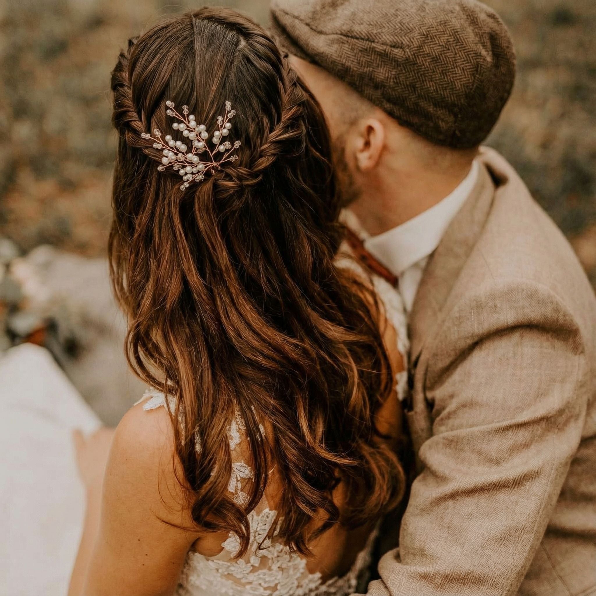 Ein Paar sitzt eng beieinander im Freien. Die Frau mit langen, gewellten braunen Haaren, die mit einem dekorativen Haarteil geschmückt sind, und einem Spitzenkleid wendet den Blick ab. Der Mann neben ihr trägt einen braunen Tweed-Anzug und eine flache Mütze und lehnt sich leicht zu ihr hin.