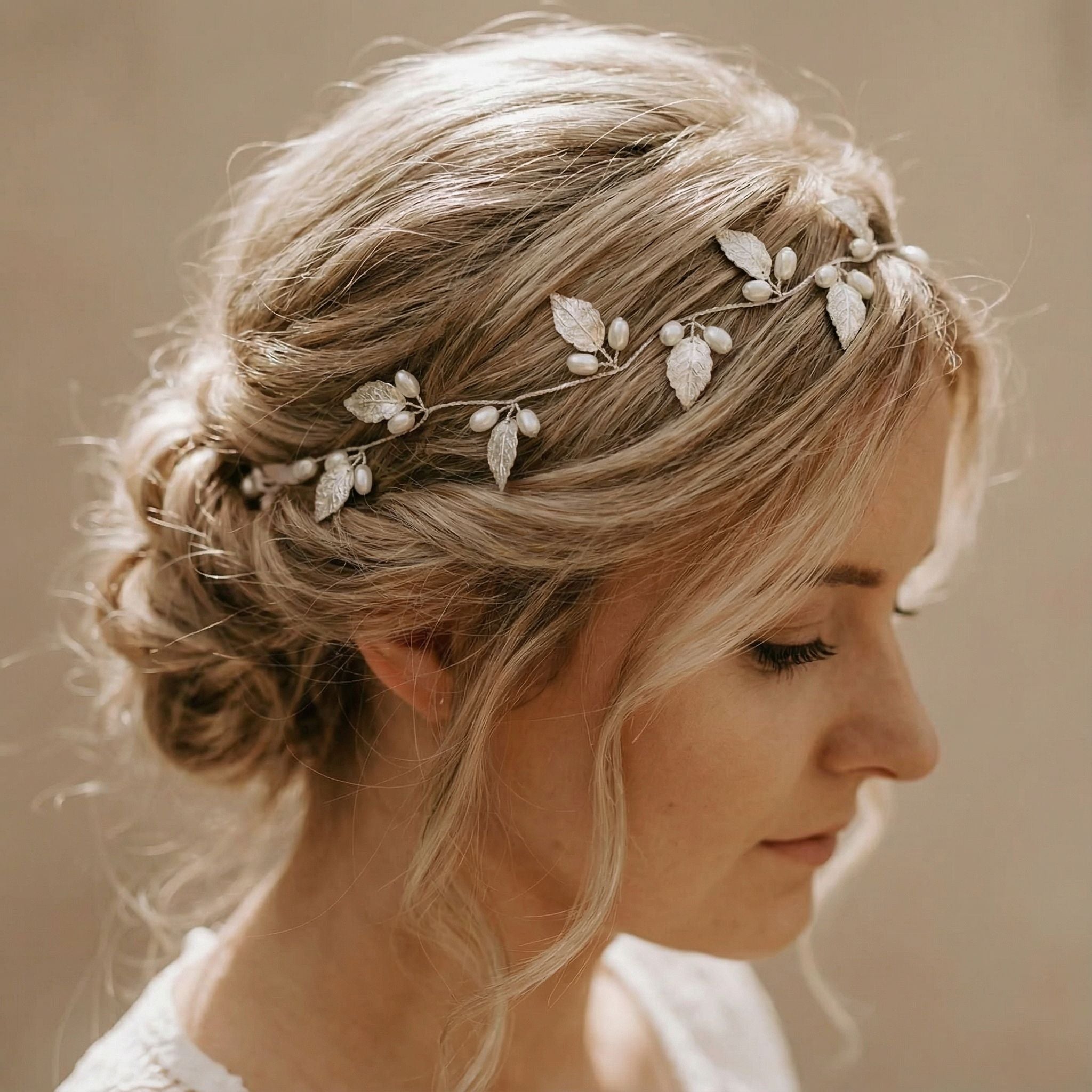 Eine Frau mit blondem Haar, das zu einer lockeren, eleganten Hochsteckfrisur gestylt ist. Sie trägt einen zarten Haarschmuck mit kleinen silbernen Blättern und Perlen. Weiche Locken umrahmen ihr Gesicht, und sie blickt vor einem neutralen Hintergrund mit heiterem Ausdruck nach unten.