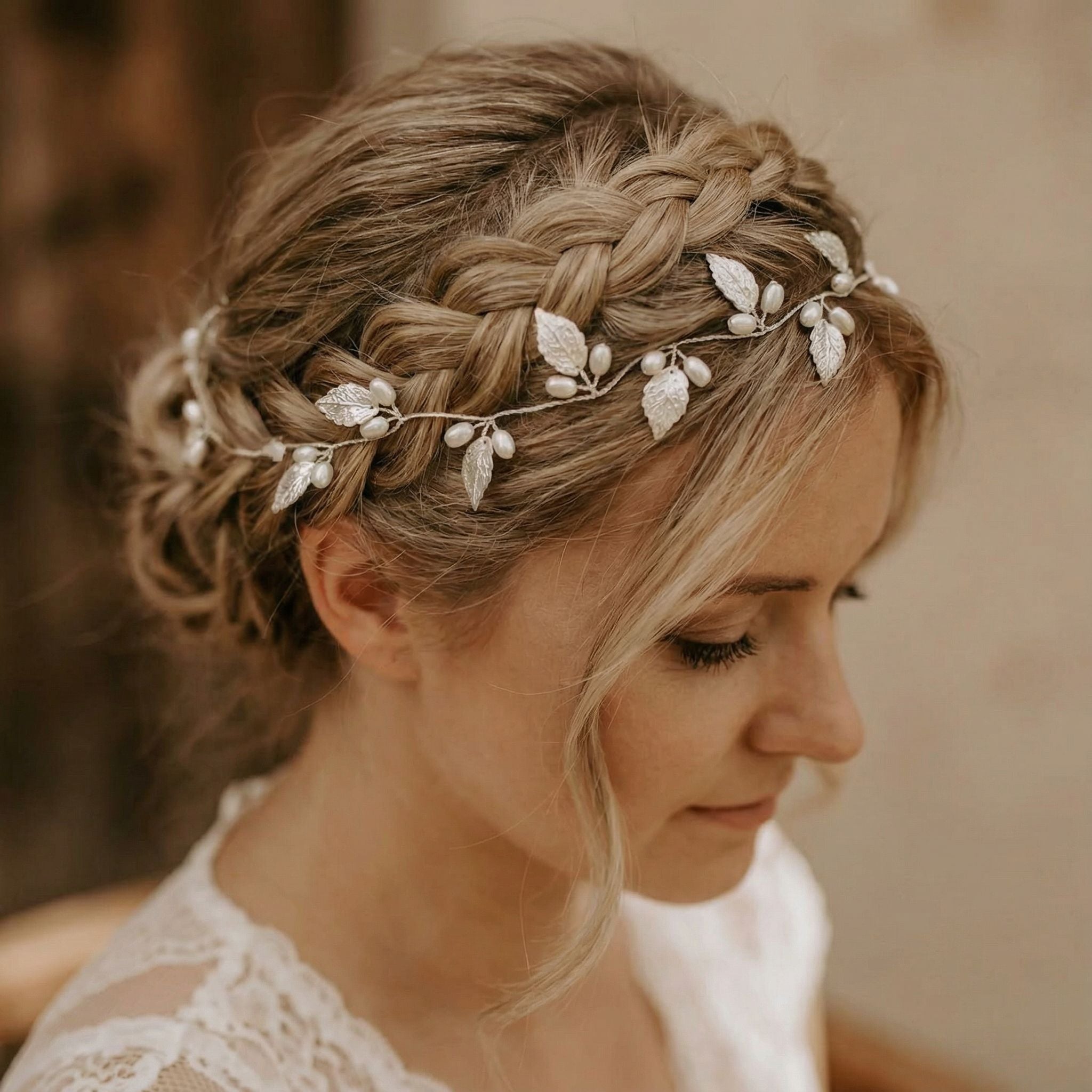 Eine Frau mit blondem Haar, das zu einem lockeren Zopf und Dutt frisiert ist, trägt einen zarten silbernen Kopfschmuck, der mit kleinen Blättern und Perlen verziert ist. Sie trägt ein weißes Spitzengewand und blickt mit einem sanften, heiteren Ausdruck nach unten.