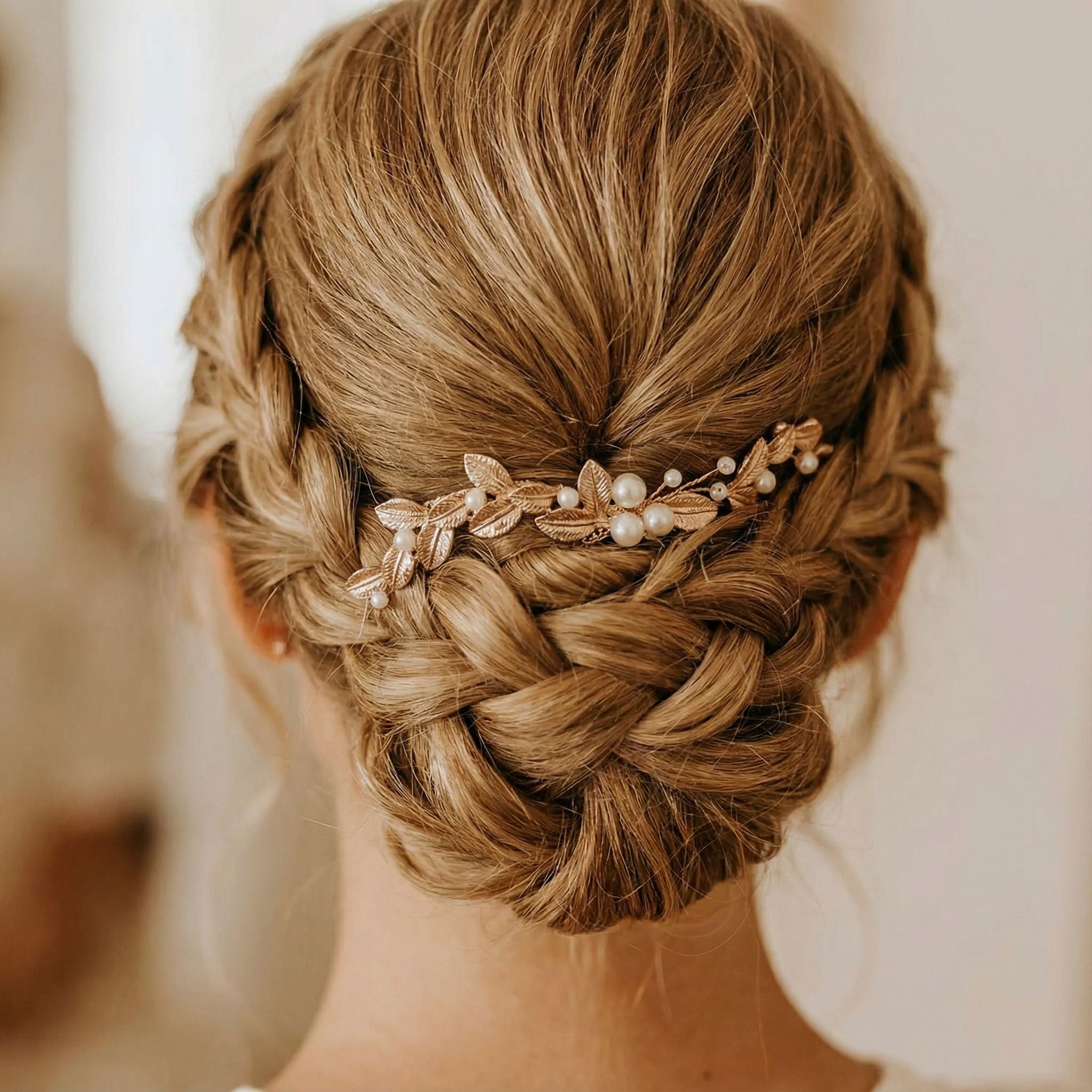 Eine Frau mit blondem Haar, gestylt zu einer eleganten geflochtenen Hochsteckfrisur, geschmückt mit einem goldenen Haarschmuck mit Blattmotiven und kleinen Perlen. Die Frisur ist von hinten fotografiert, wodurch die komplizierten Zöpfe und das dekorative Accessoire hervorgehoben werden.