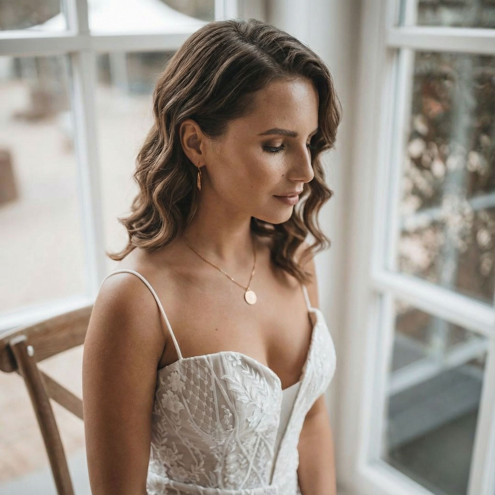 Eine Frau mit gewelltem braunem Haar, die ein weißes trägerloses Spitzenkleid und Goldschmuck trägt, sitzt auf einem Holzstuhl. Sie blickt mit heiterem Gesichtsausdruck nach unten. Weiches natürliches Licht fällt durch große Fenster hinter ihr und schafft eine sanfte, luftige Atmosphäre.