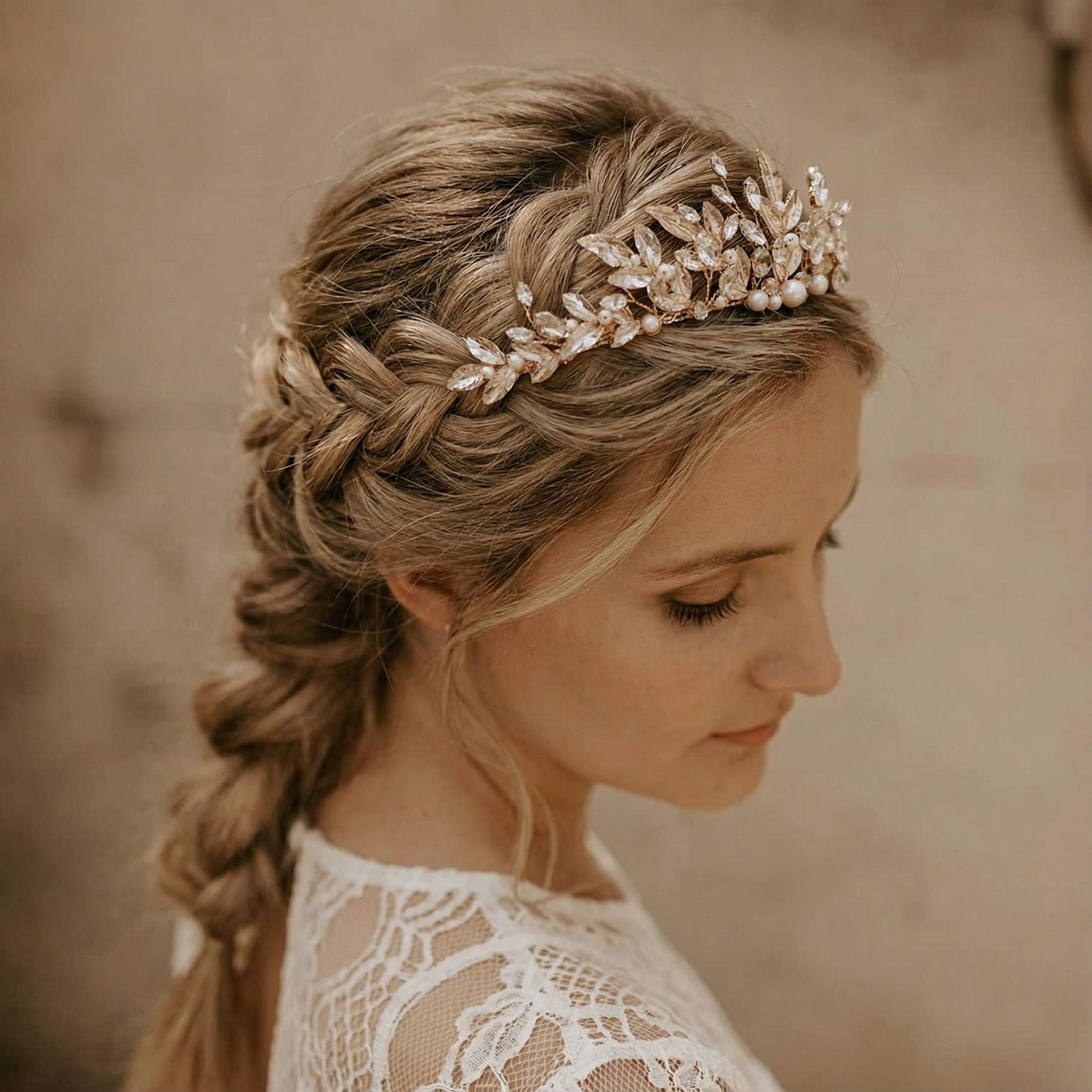 Eine Frau mit blondem Haar, das zu einem lockeren, eleganten Zopf geflochten ist, trägt einen zarten, blattförmigen Kopfschmuck aus Gold und Perlen. Sie trägt ein weißes Spitzenoberteil und blickt sanft nach unten, vor einem neutralen, unscharfen Hintergrund.