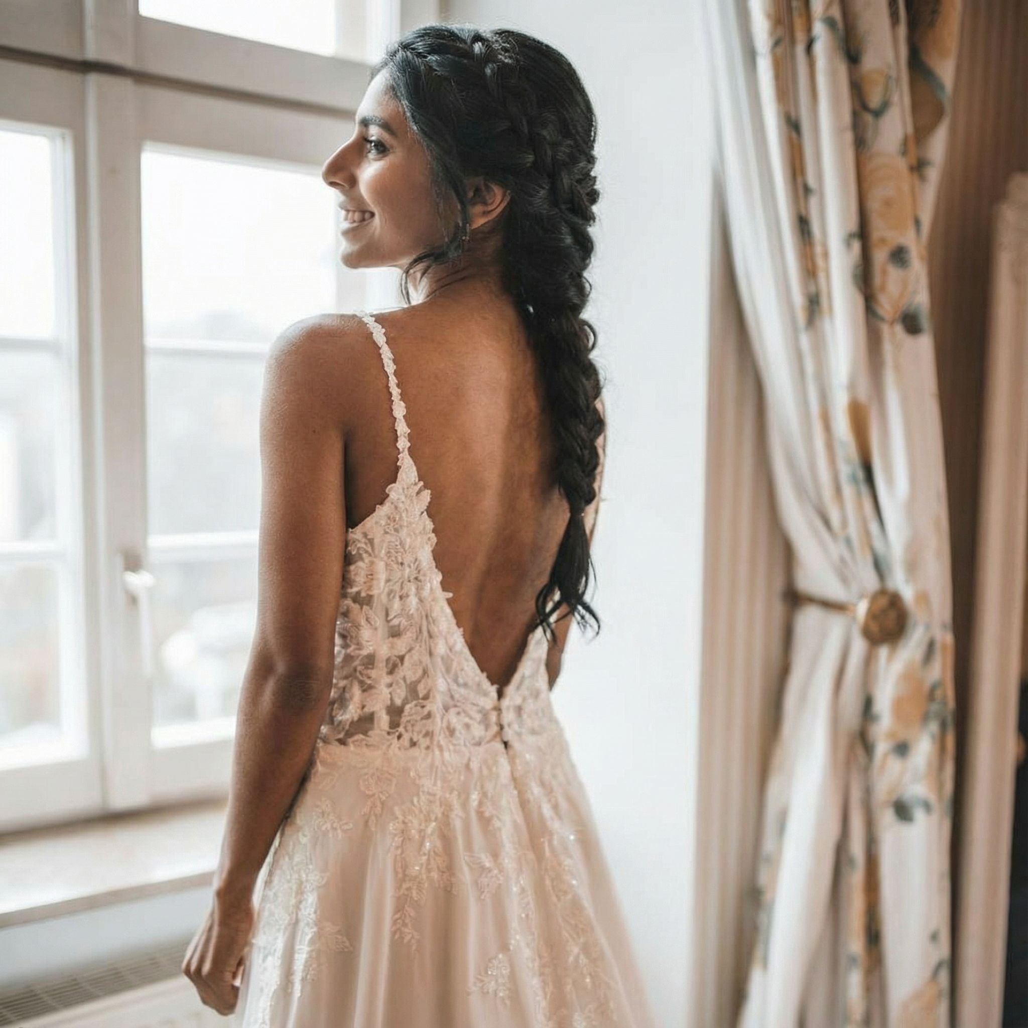 Eine Frau in einem Hochzeitskleid aus Spitze mit tiefem V-Ausschnitt steht lächelnd am Fenster. Ihr langes dunkles Haar ist zu einem lockeren Zopf frisiert. Der Raum hat cremefarbene Vorhänge mit einem Blumenmuster und weiches natürliches Licht, das durch das Fenster fällt.