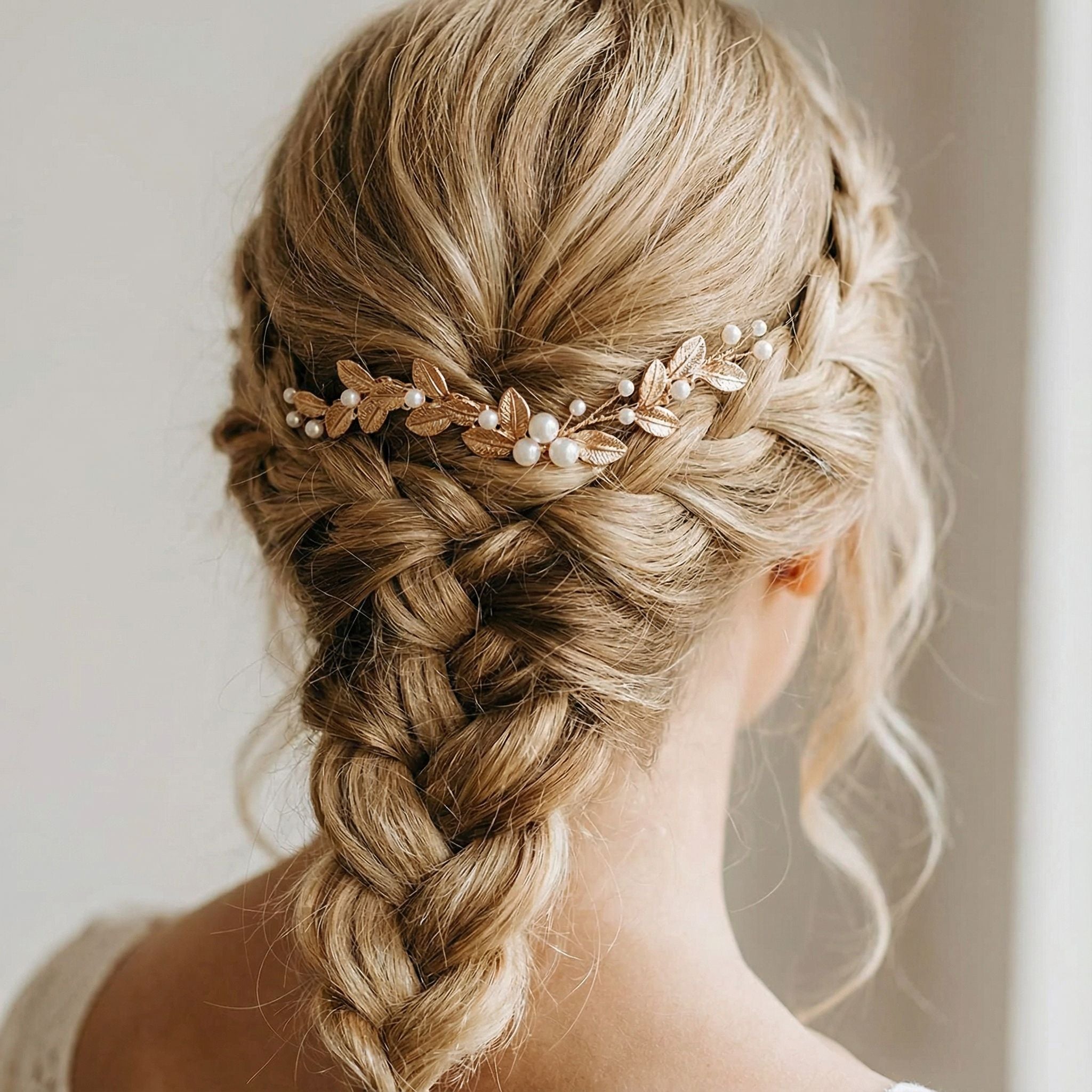 Eine Frau mit blondem Haar, das zu einem lockeren, eleganten französischen Zopf gestylt ist. Der Zopf ist mit einem zarten goldenen Haarschmuck mit kleinen Blättern und perlenartigen Perlen verziert, und sie trägt ein cremefarbenes Oberteil. Der Hintergrund ist sanft verschwommen.