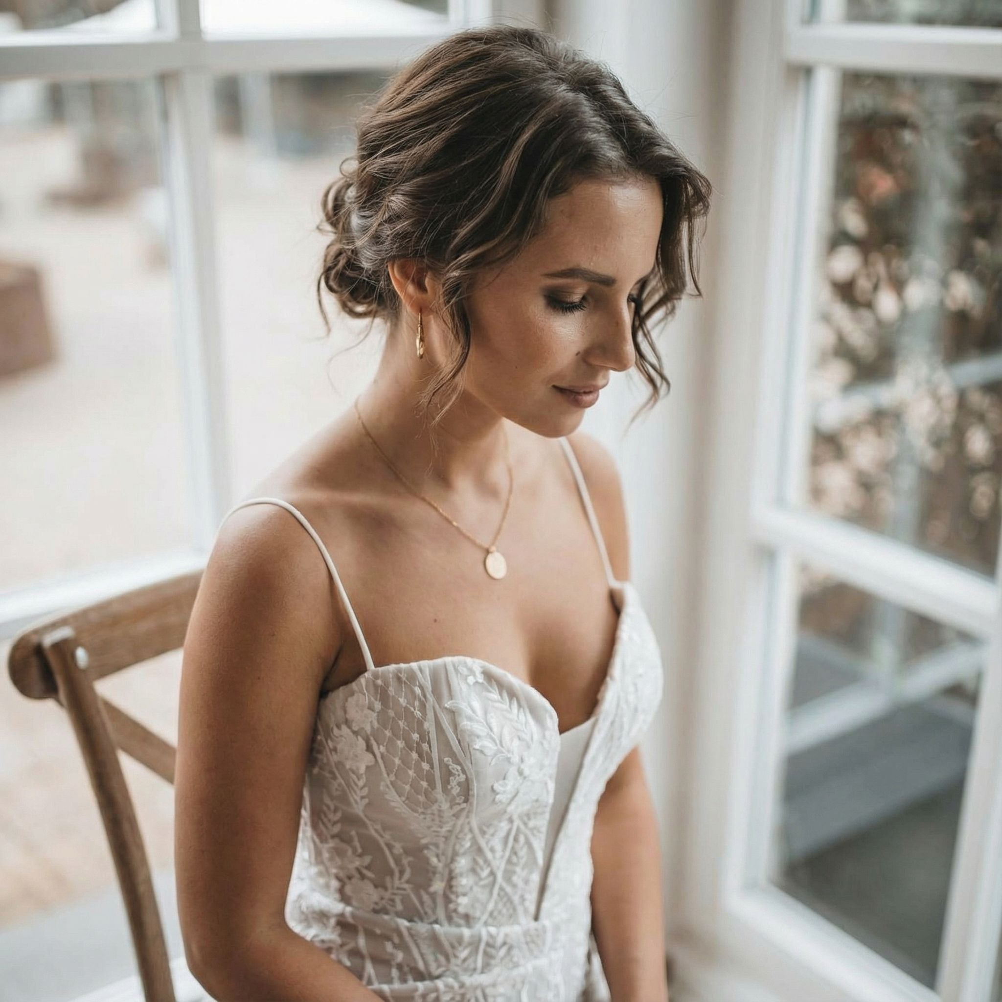 Eine Frau in einem weißen, spitzengemusterten Hochzeitskleid sitzt auf einem Holzstuhl am Fenster. Sie hat mittellanges braunes Haar, das in lockeren Locken frisiert ist, und trägt eine goldene Halskette mit einem runden Anhänger. Sie blickt mit ruhiger Miene im weichen natürlichen Licht nach unten.