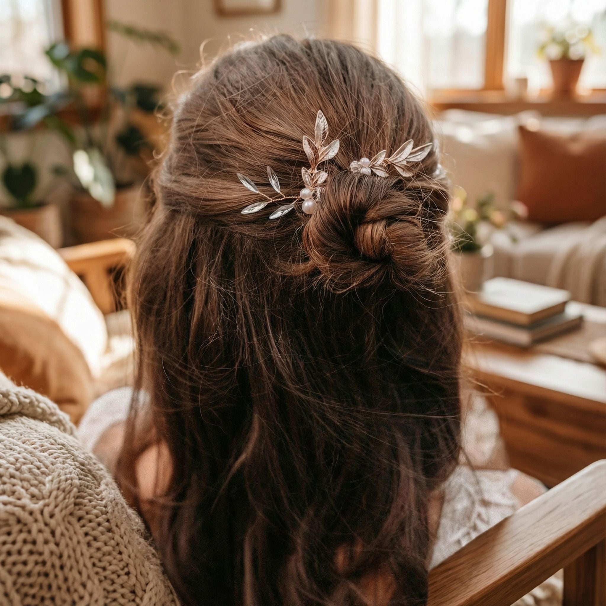 Eine Frau mit langen, gewellten braunen Haaren, die zu einem halb hochgesteckten Dutt frisiert sind, sitzt auf einer gemütlichen Couch. Ihr Haar ist mit zarten Haarnadeln aus Blattsilber geschmückt. Sanftes natürliches Licht erfüllt den Raum und hebt Zimmerpflanzen, Bücher und warme Holzmöbel im Hintergrund hervor.