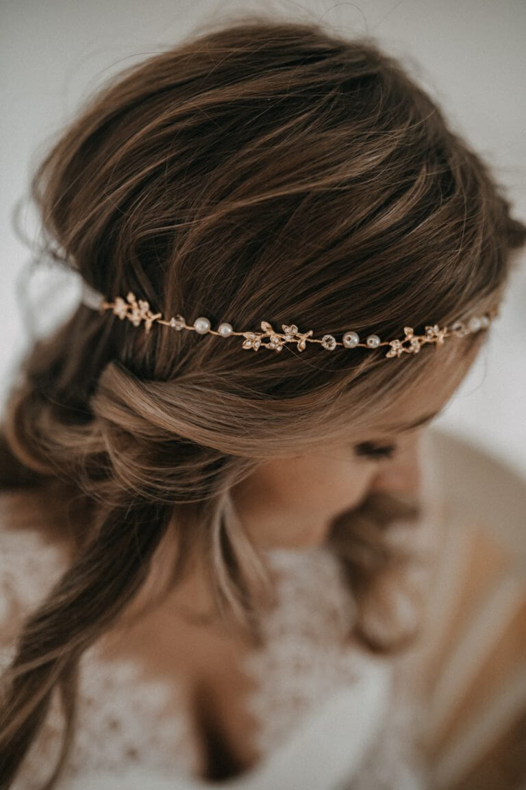 Braut Haarschmuck Gold Blätter Perlen